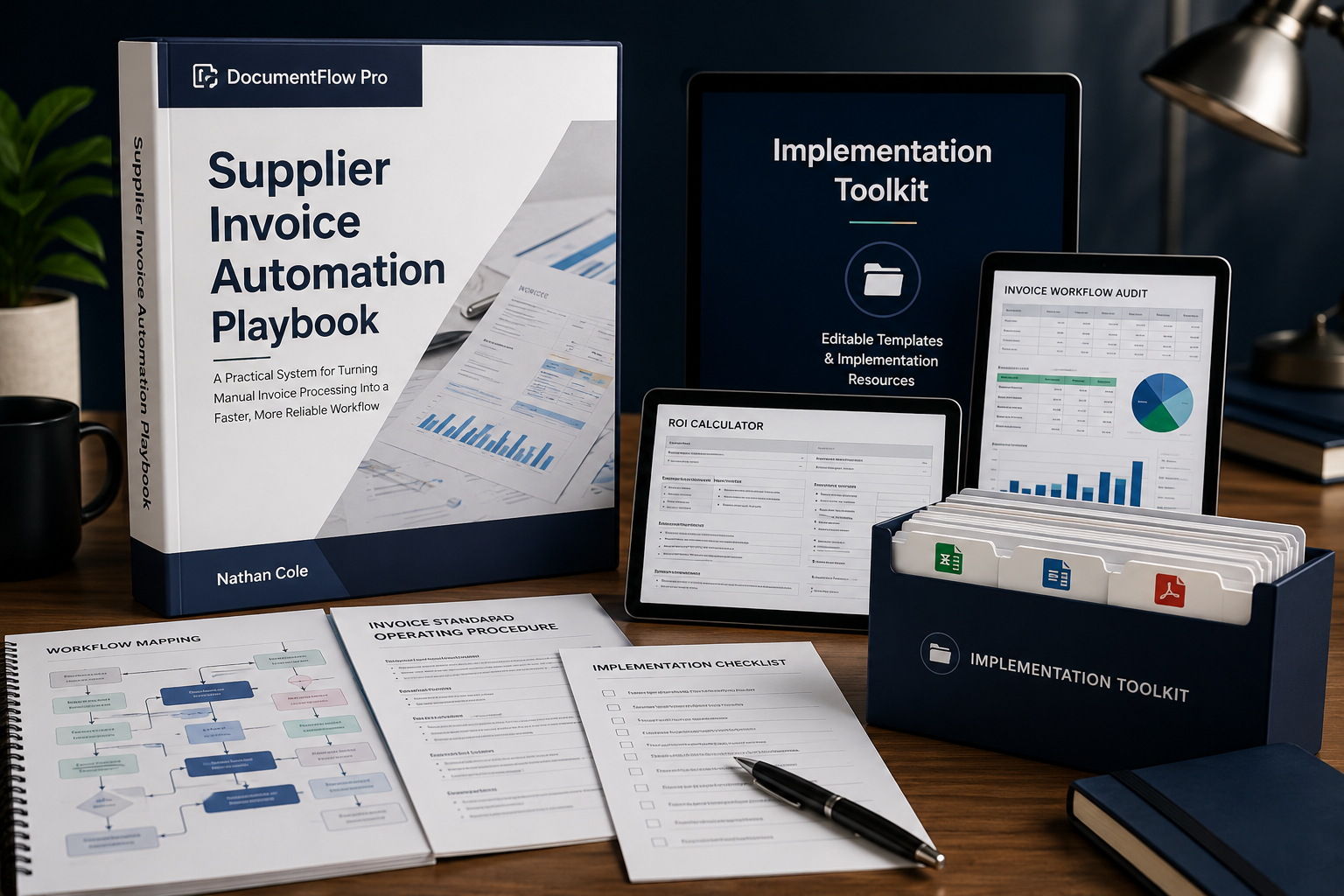 The complete Supplier Invoice Automation Bundle: the printed Playbook binder, the Implementation Toolkit on a tablet, the ROI Calculator on a laptop and printed worksheets